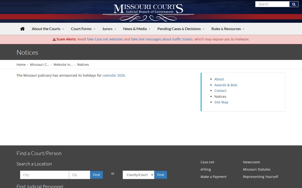 Missouri Courts statistics landing page used as statewide court-information context