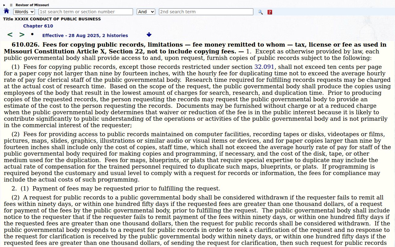 Montgomery County court record copy fees under Missouri section 610.026