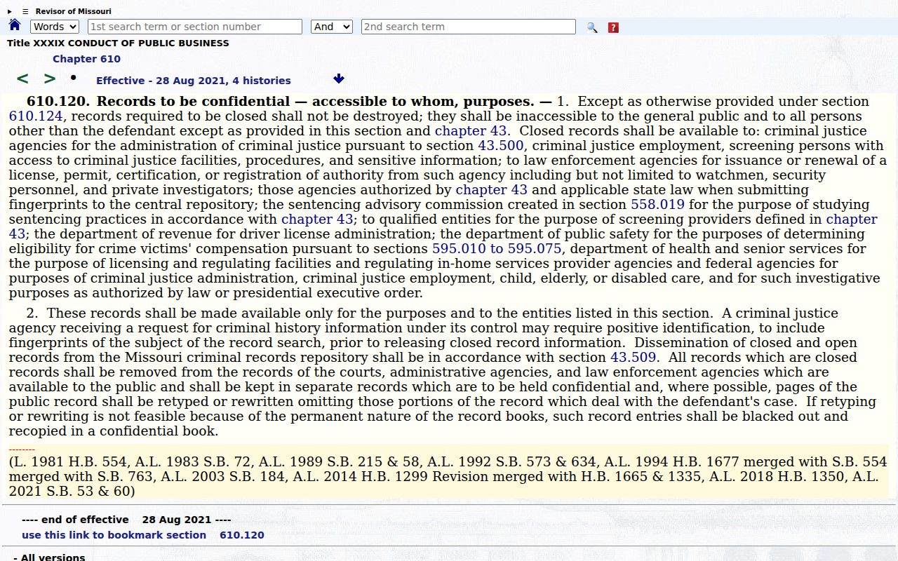 Missouri statute page for closed criminal records under Section 610.120