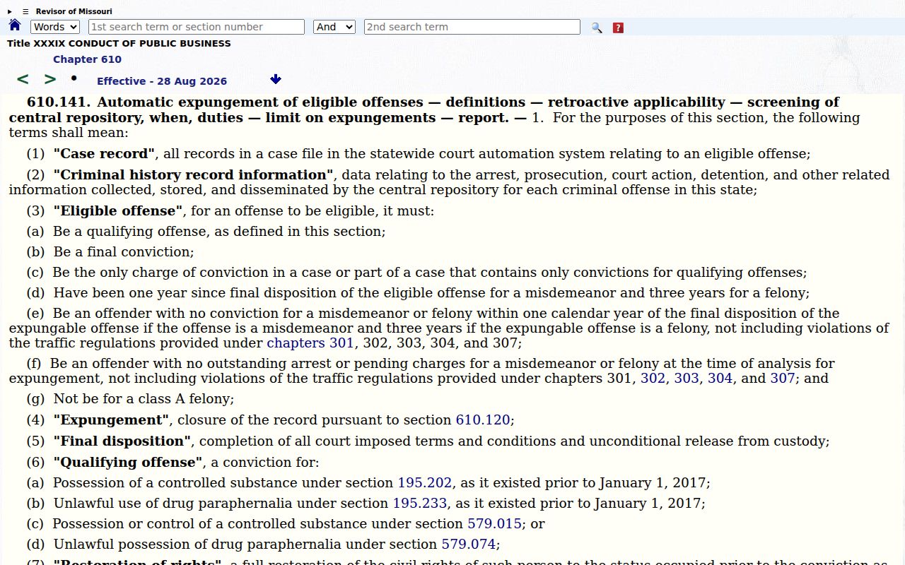 Missouri statute page for automatic expungement under Section 610.141