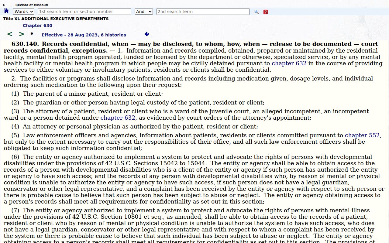 Missouri statute page protecting mental-health records under Section 630.140
