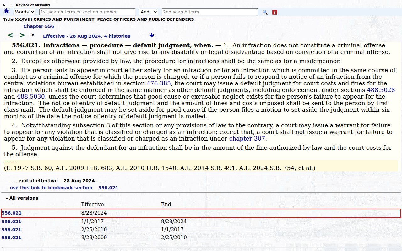 Montgomery County traffic court record infraction classification under section 556.021